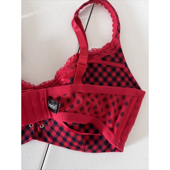 Fredricks of Hollywood Bra Red Gingham 40DD Lace up Black Front Bra Padded - Picture 4 of 10